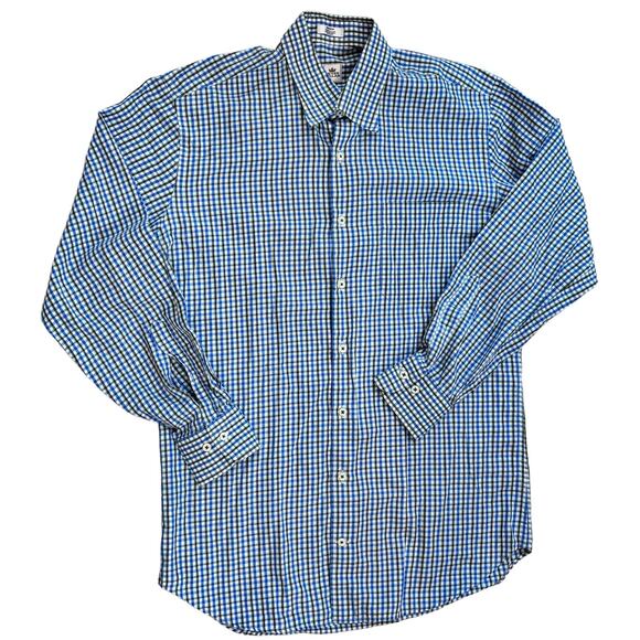 Peter Millar Blue Brown Green Check Spread Collar Button Down Men’s Size Medium - Picture 2 of 6